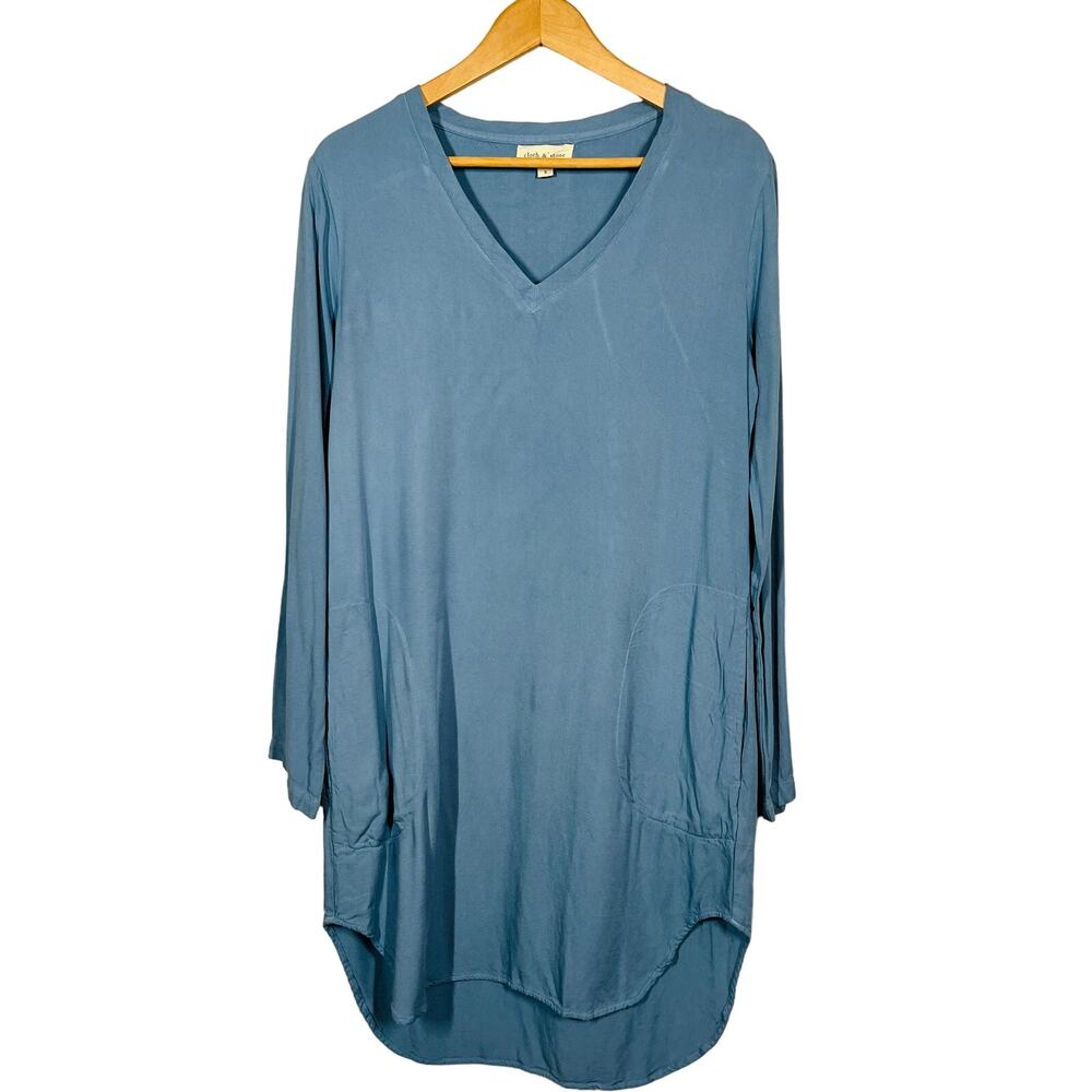Cloth & Stone Shift Dress Casual Long Sleeve Pockets Dusty Blue V Neck - S